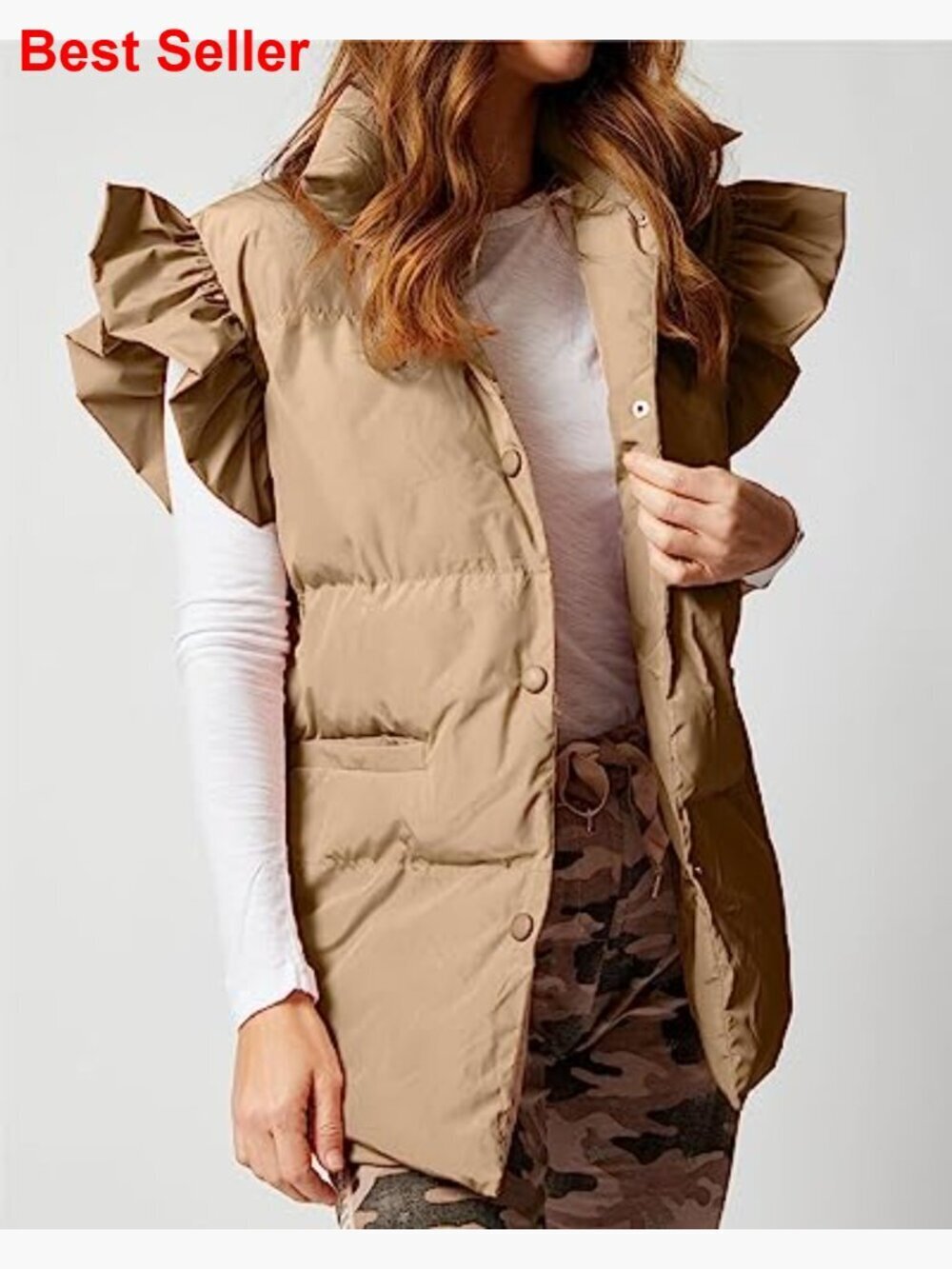 Polyester Puffer Vest with Ruffle Sleeves, Pockets, Button Down - Picture 3 of 7